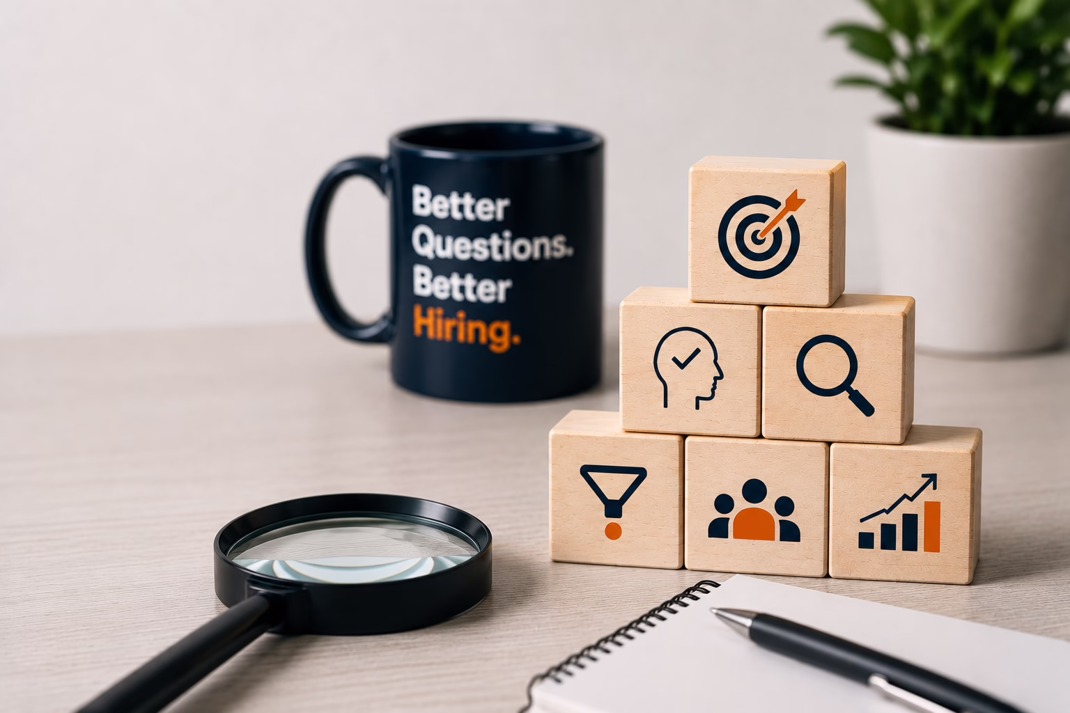 ChatGPT Image 19 ago 2026, 12_03_26 p.m. Pyramid of wooden blocks with icons: target, head with check, magnifying glass, funnel, group, and rising chart; mug reads 'Better Questions. Better Hiring.' and a magnifying glass on the desk.